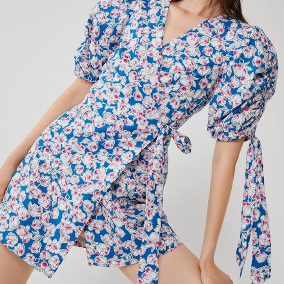 NWT ZARA Floral Print Poplin Cotton Tie Mini Dress S - Picture 7 of 15